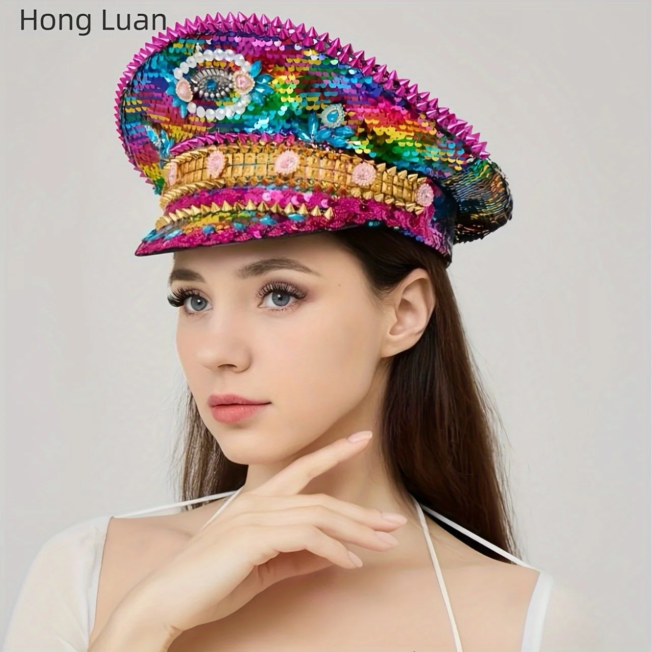 Kolorowy kapelusz na Halloween HongLuan, kapitańskie czapki z dżetami na festiwal Burning Man dla kobiet, akcesoria do cosplay dla kobiet
