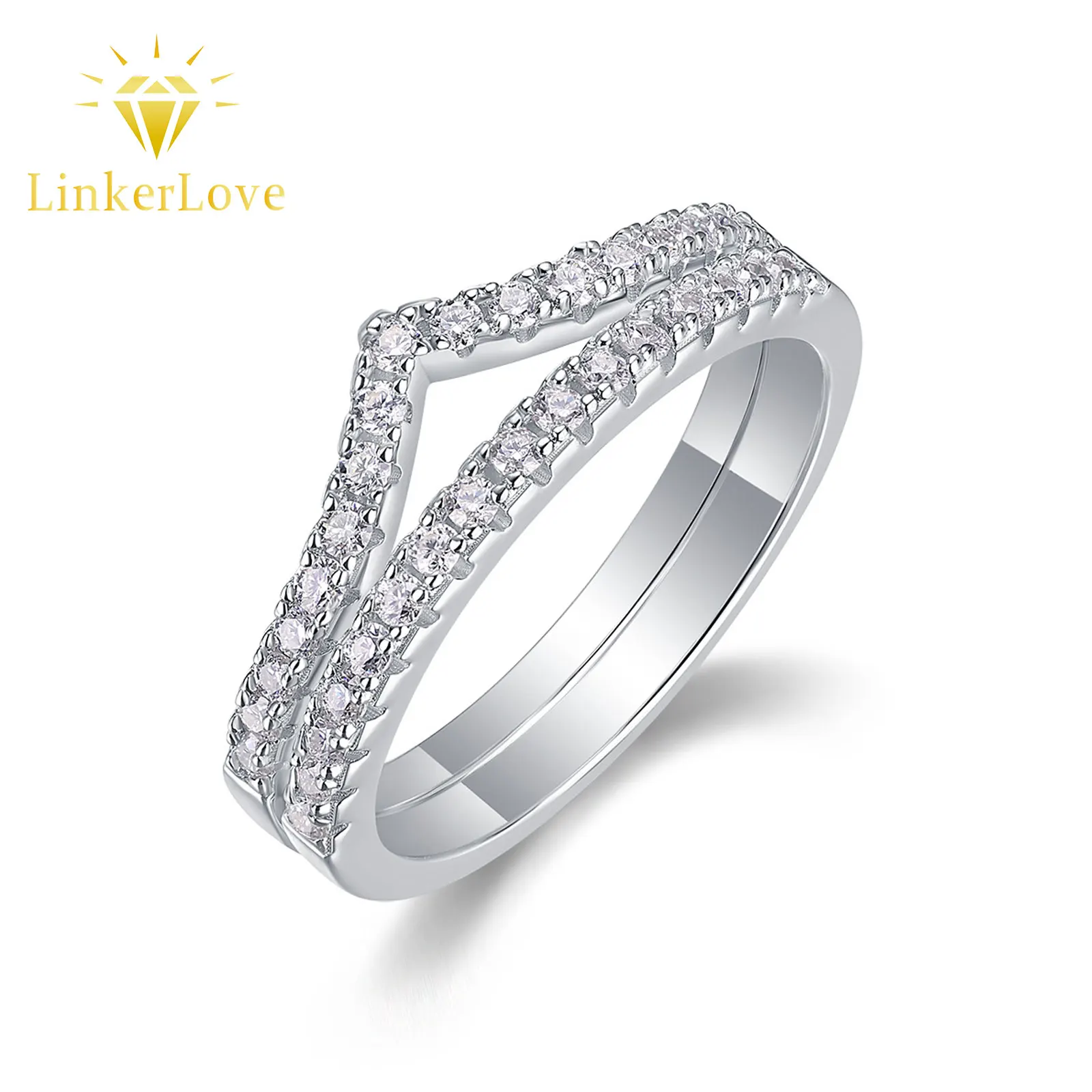 LinkerLove S925 Sterling Silver Moissanite Wedding Band V Shape Chevron Double Row Stacking Guard Ring for Women Jewelry Gift