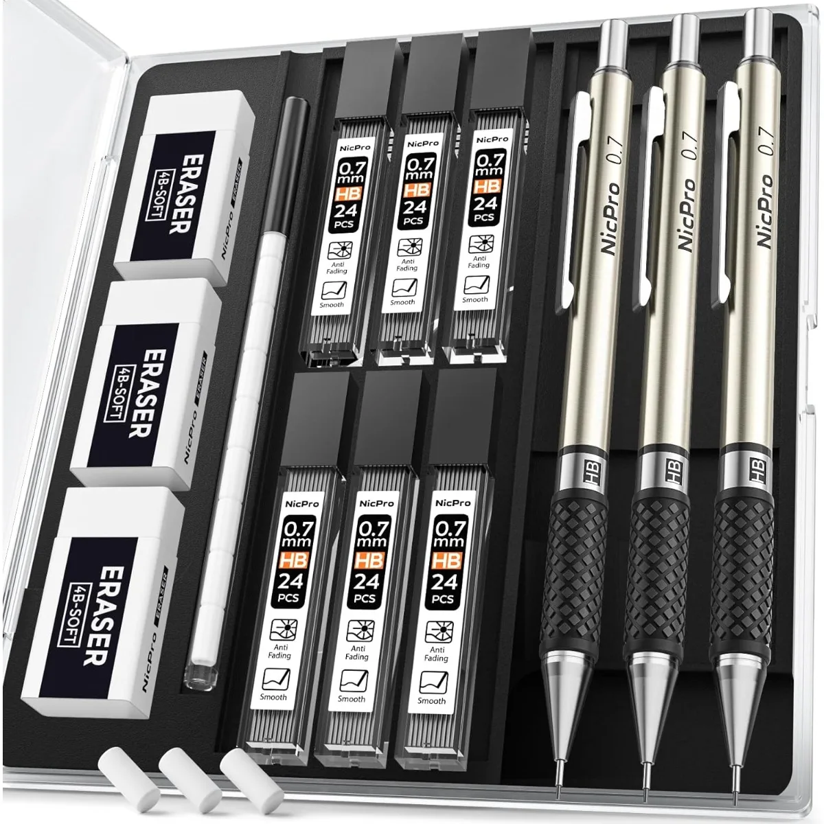 

0.7 mm Art Mechanical Pencil Set in Storage Case, 3 PCS Metal Drafting Pencil Lead Pencil with 6 Tube HB Lead Refills, 3 Erasers