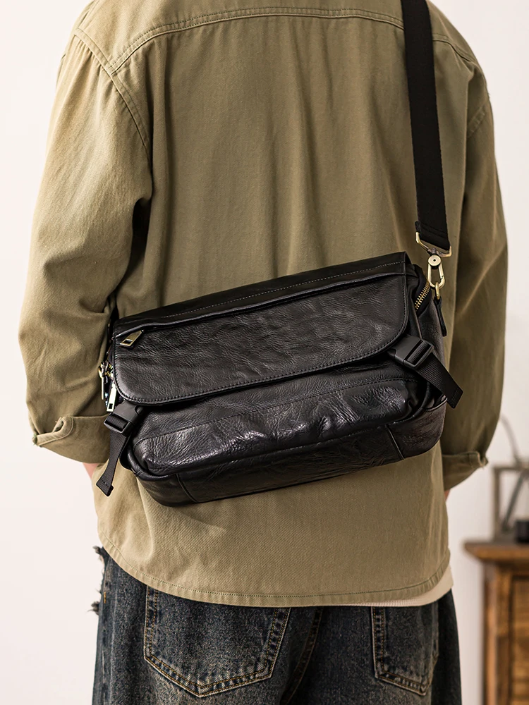 Casual designer handmade genuine leather large-capacity men's black shoulder bag outdoor travel cow leather tablet crossbody bag