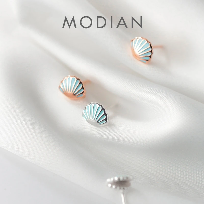 MODIAN niebieski emalia piękny Tiny Shell stadniny kolczyki dla kobiet moda 925 srebro z uszami zwierzęcia Pin Fine Jewelry Accessoriees