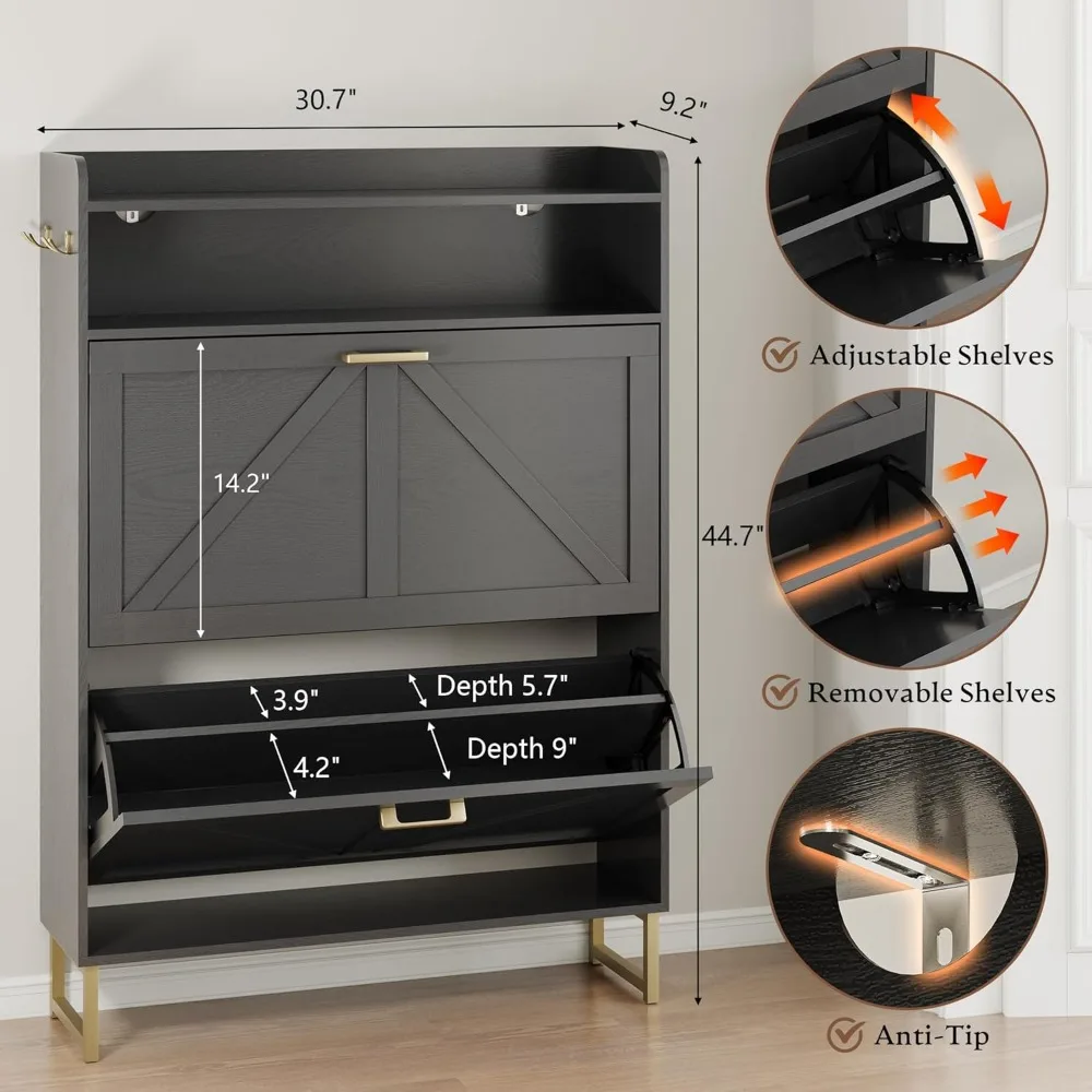 خزانة أحذية مع درجين قابلين للطي، خزانة تخزين أحذية ضيقة، منظم خشبي قائم بذاته، مخفية للمدخل، المدخل #2
