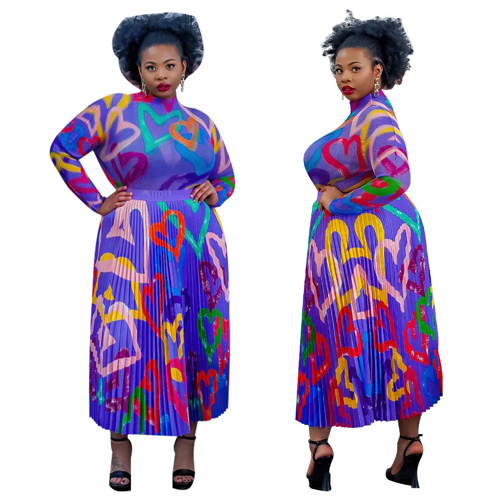 African Clothes for Women Spring Autumn African Women Long Sleeve O-neck Printing Polyester Two Pieces Sets Top and Skirt