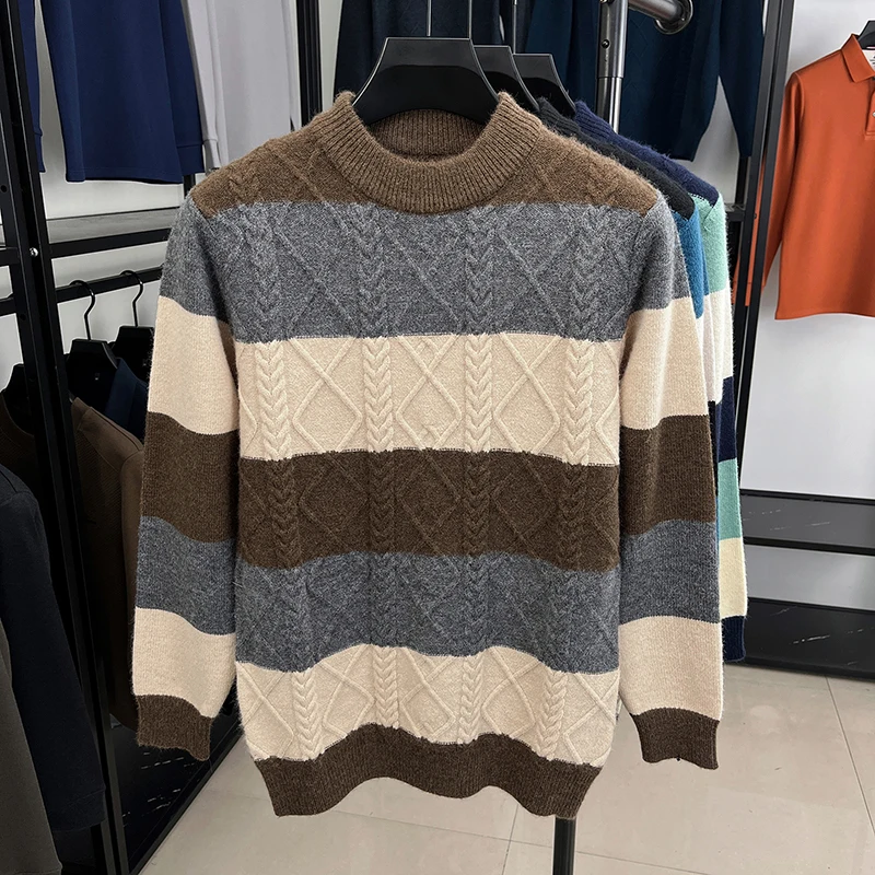 Men's Knitted Sweater Color Block Stripe Design Thickened Warm Crew Neck Autumn Winter Fashion Casual Classic Trend Men's Wear