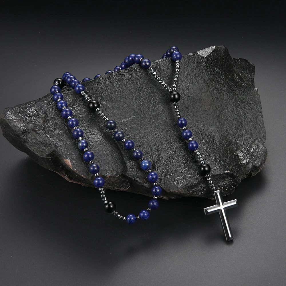 Naturstein blaue runde Perlen Edelstein Kreuz Anhänger Halskette für Männer und Frauen Rosenkranz Gebetsschmuck – Detail 3