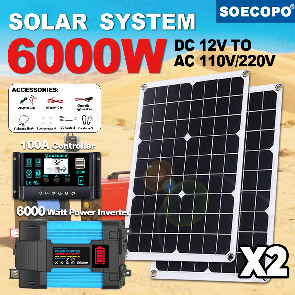 

Complete Solar System Kit SOECOPO 6000W for Home Camping 2*500W Solar Panels DC 12V - AC 110V/220V Inverter 100A Controller