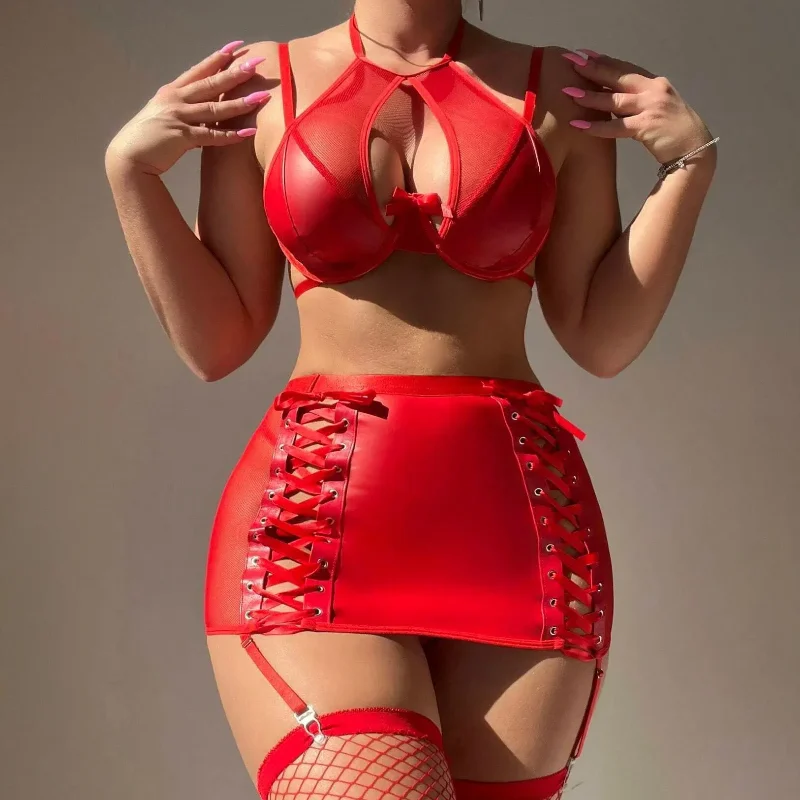 مثير انظر من خلال إغراء مجموعة الغريبة الجلد الجلود تنورة بعقب تغطي الملابس الداخلية تخزين حزام أربع قطع مجموعة لها