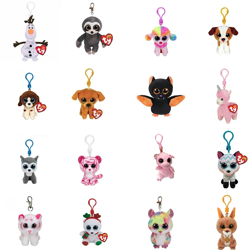 9cm Ty Beanie Big Eyes Pendant Keychain Clips Mini Stuffed Plush Toy Hamster Sloth Fox Alpaca Tiger Dog Horse Christmas Gifts