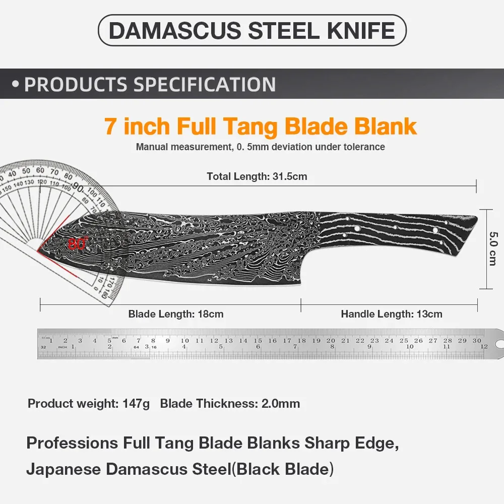 RHON 7inch DIY Santoku Knife Blade Full Tang SharpBlack Damascus Steel Japanese Kitchen Meat Slicing Blank Knives Without Handle view 2