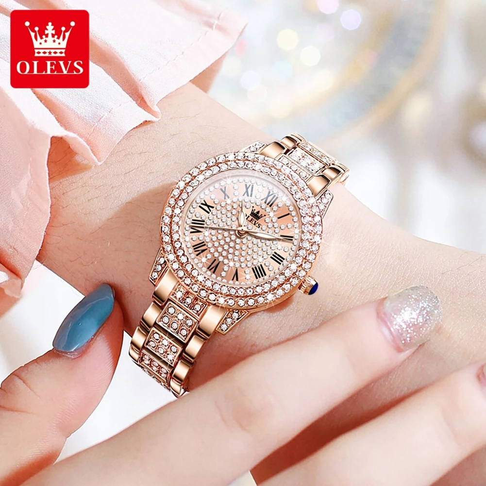 OLEVS 9943 Luxury All Diamond Original Quartz Watch for Women Elegant Rose Gold Stainless Steel Waterproof Ladies Wrist Watches