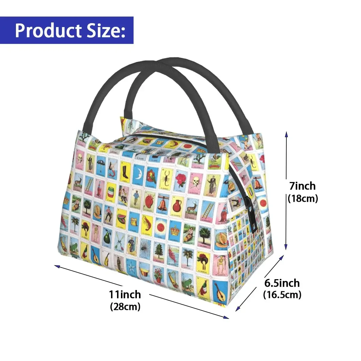 Colorful Mexican Loteria Cards Lunch Bag Funny Kawaii Lunch Box Outdoor Picnic Portable Thermal Tote Handbags Print Cooler Bag