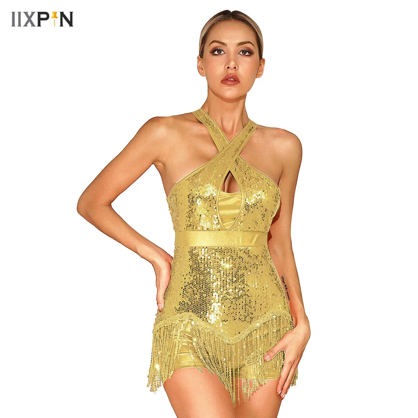 

Womens Sparkly Sequins Tassel Latin Dance Leotard Dress Cha-Cha Jazz Dance Performance Costume Fringed Bodysuit Party Dancewear