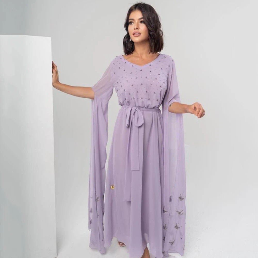 Customized Scoop Neck Chiffon Sequined Draped Lavender Evening Dress Half Sleeves Tea-Length Butterfly Formal Pageant Party Gown