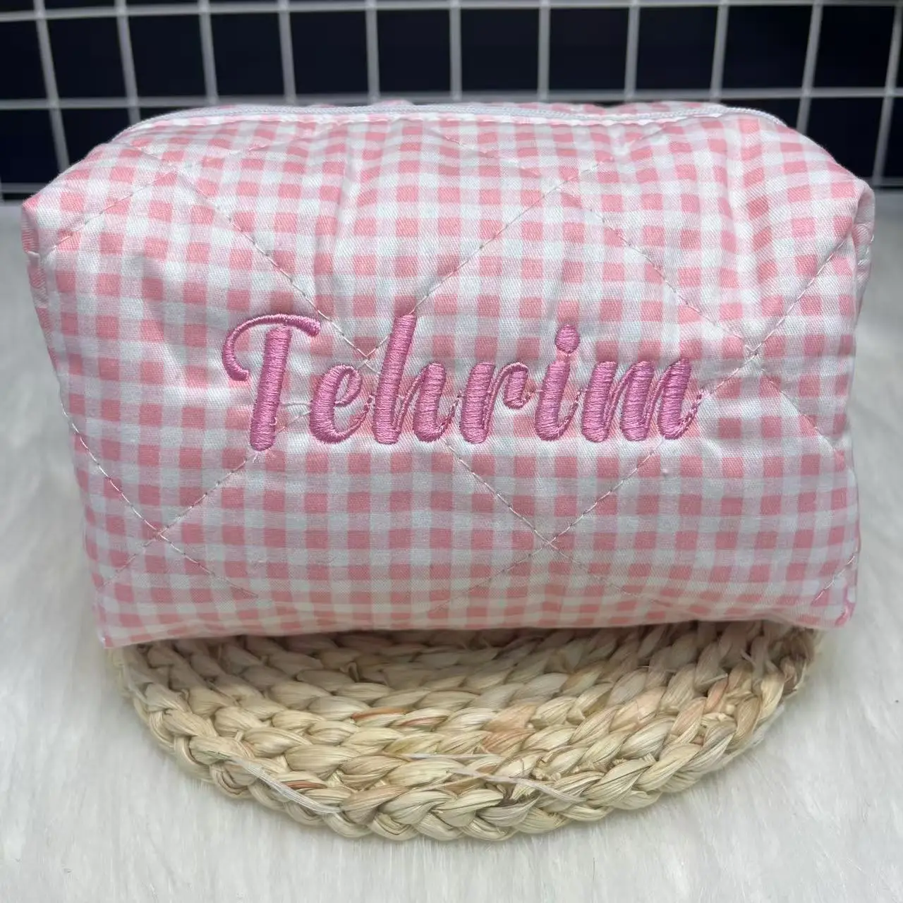 Personalized Large Capacity Striped Cosmetic Bag Custom LOGO Name Embroidery Makeup Bag Travel Storage Bag Personality Gift