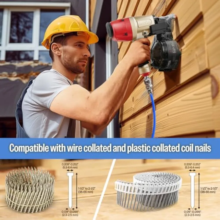 Pistola pneumática para unhas de revestimento, pistola leve com bobina de ar com profundidade do prego do nariz de segurança e ajuste de escapamento 360