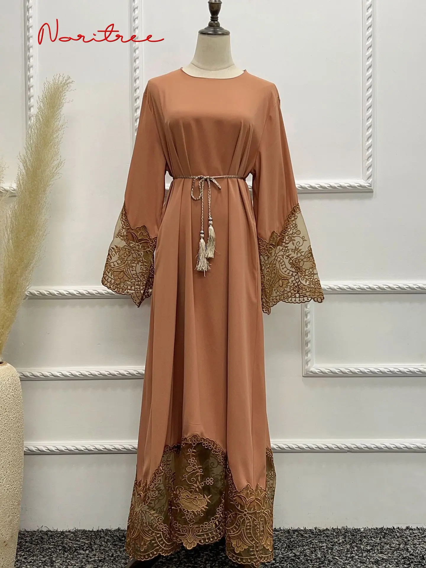 Silky Rmandan Eid Robe abiti moda ricamo abiti musulmani femminile full length Lace HIjab islamico morbido musulmano abaya wy1412