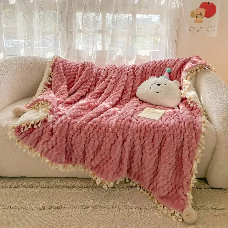 Thickened Lamb Velvet Faux Fur Blanket with Ruffle Lace  Warm Cozy Princess Style Korean Design Ball Boucle Throw Blanket