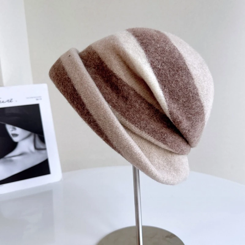 New 4 Colors 100% Wool Winter Warm Bucket Cap For Women Top Quality Female Autumn Fisherman Hat Outdoor Thick Striped Hat Gift