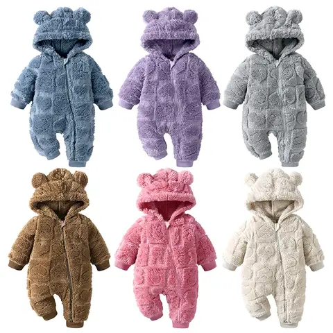 Cartoon Baby Clothes Boy Romper Long Sleeve Arctic Velvet Hooded Baby Girl Romper Winter Warm  Newborn Clothes 0-18 Months