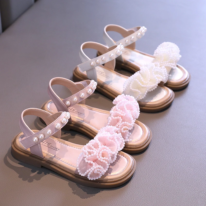 Pearl Flower Sweet Girls' Open Toe Fashion Sandals New Summer Synthetic Leather Girls Sandals Size:26-36