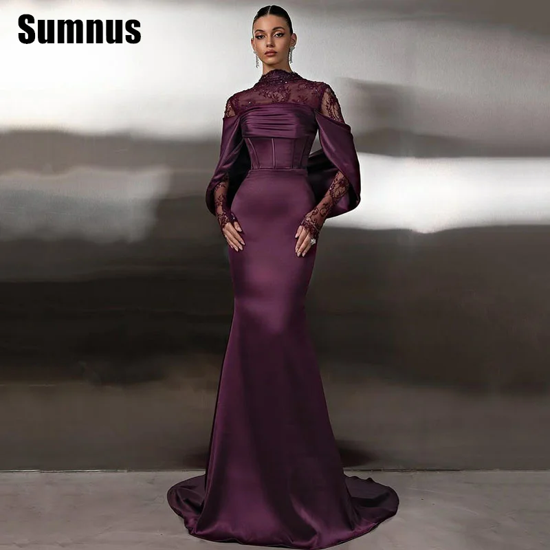 

Sumnus Elegant Mermaid Evening Dresses High Neck Lace Sleeves Floor Length Formal Occasion Gown فساتين سهرة Customized