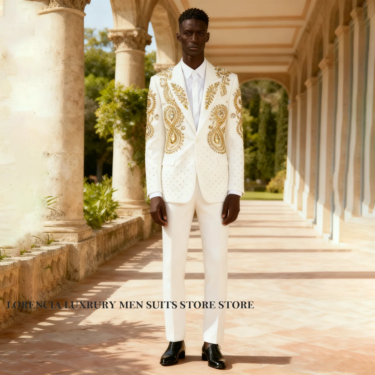 

Exquisite Diamond Crystals Lapel Men Suit Slim Fit Wedding Party Customized Tuxedos 2 Pieces Sets Groom Male Blazers Ropa hombre