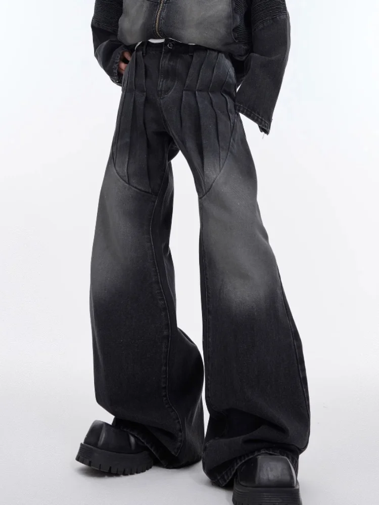 2026 Punk Y2K Stil Vintage Blaue Plissierte Baggy Jeans für Herren – Luxuriöse Straight-Leg Denim-Hose Pantalon Homme – Detail 4