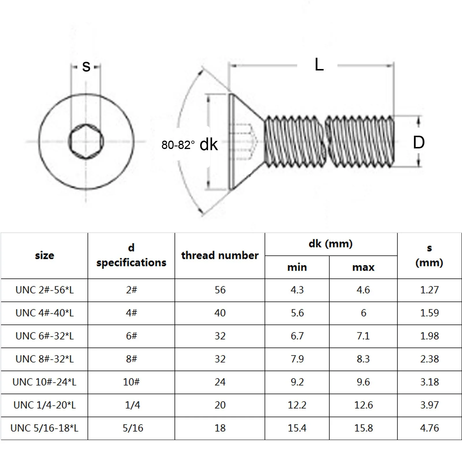 10pcs UNC 1/4-20 US Coarse Thread 304 A2-70 Stainless Steel Hex Hexagon Socket Flat Countersunk Head Screw Bolt