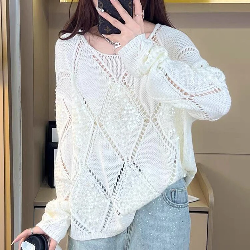 Women Clothing 2024 Spring Fashion Hollow Sequins Chic Knitted Sweater Female Casual Streetwear Long Sleeve Loose Pullover Tops