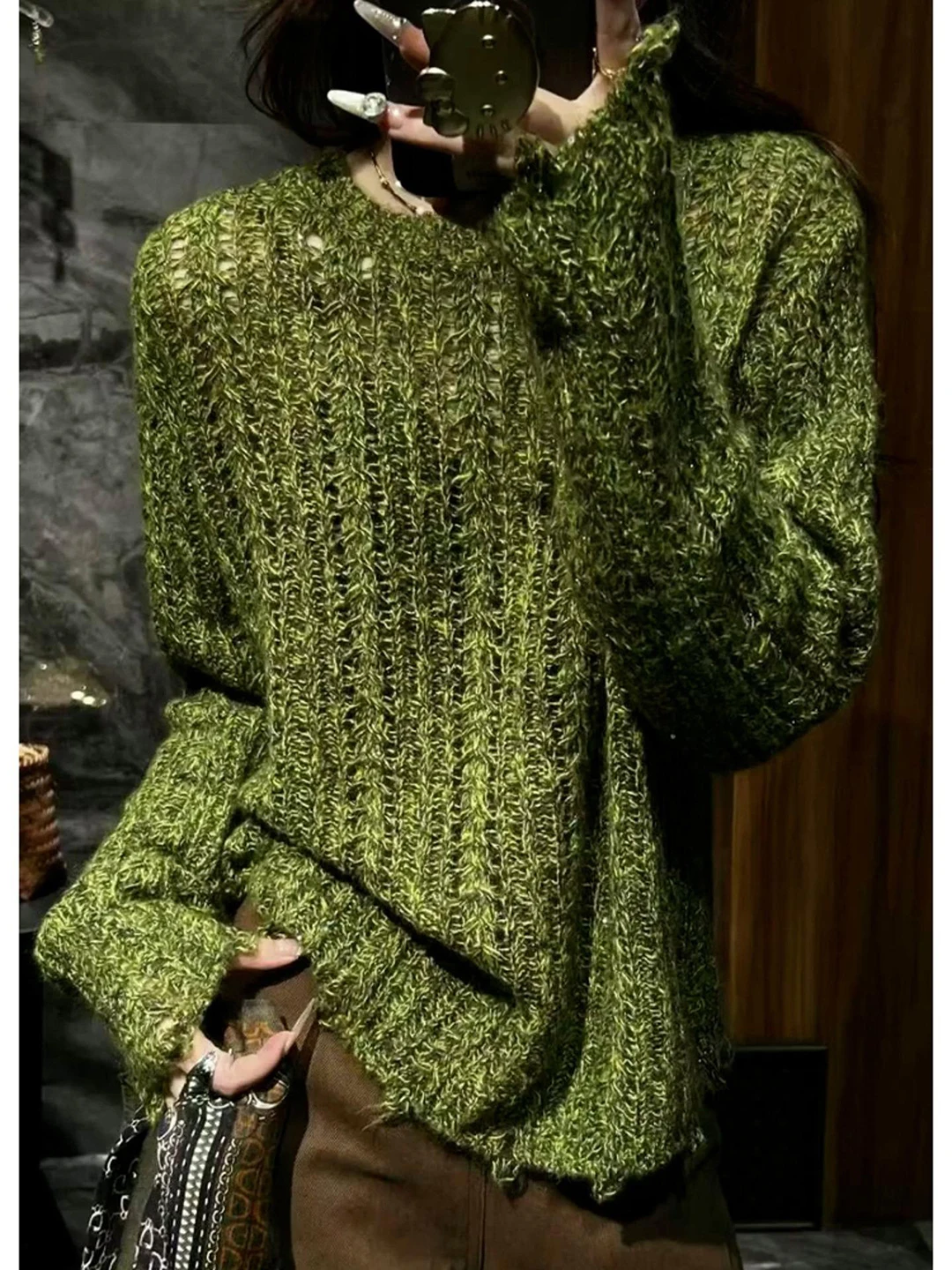 Early Autumn Atmosphere Lazy Style Retro High-End Green Knitted Hollow out Cover up Women's T-Shirt Breathable Loose Fit Shor...