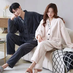 Autumn Winter Thicked Thermal Velvet Pajamas Set for Couple Kawaii Kimono Style Lovers Sleepwear Man Woman Plaid Flannel Pijamas