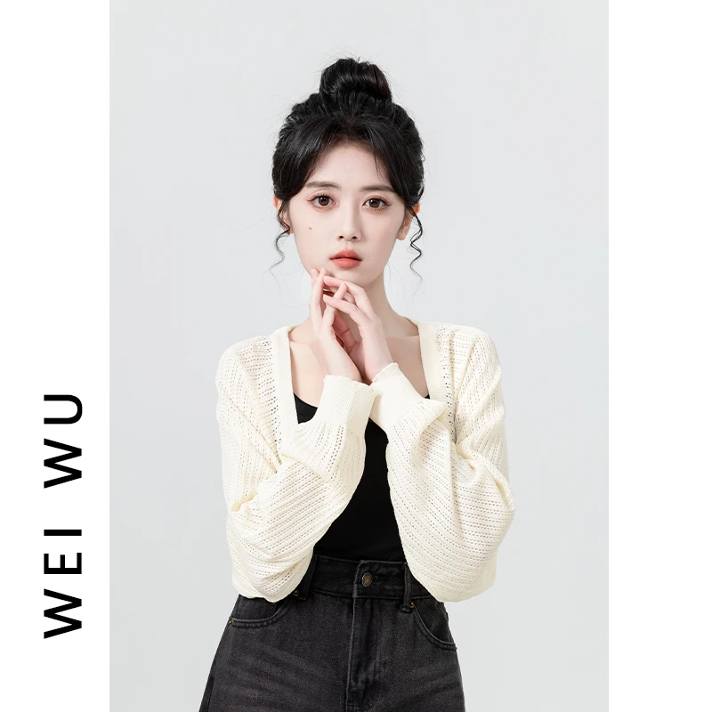 베이지 레이스 니트 가디건 여성 긴팔 여름 2024 신상 크롭 슬리브리스 커버업 자외선 차단 아우터 Y2K 패션