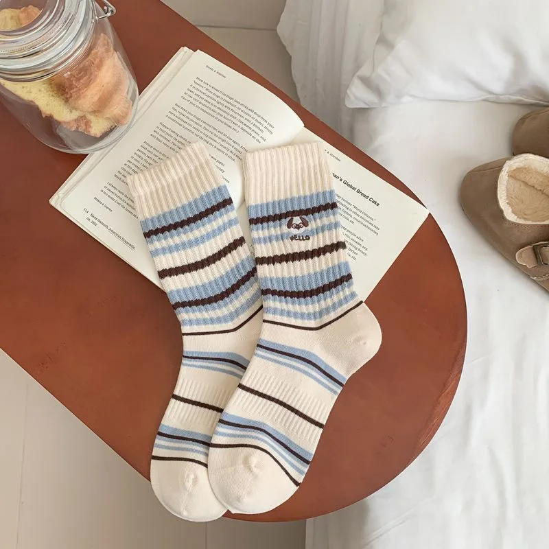 4 Pairs Fall Winter Unisex Cartoon Japanese-Style Embroidered Dog Striped Mid-Calf Socks Fashion Cotton Ankle Socks High Quality
