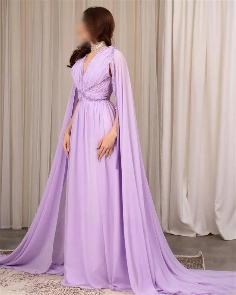 Jessica Sequined Chiffon Cape Prom Dresses Saudi Arabian Elegant Ladies Evening Dresses 2024فساتين السهرة Purple Party Dresses