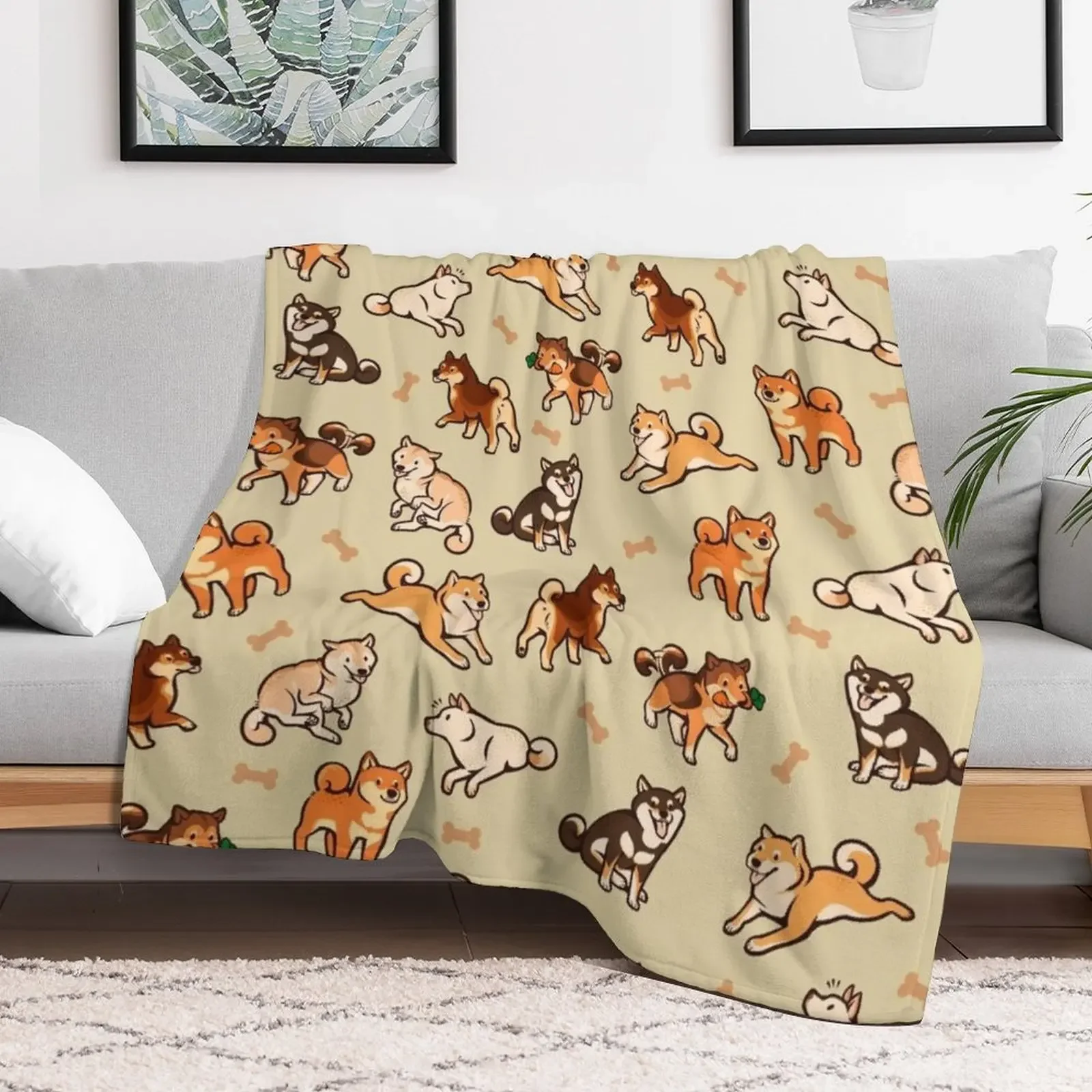 shibes in cream Throw Blanket Machine Washable Soft Warm Blanket