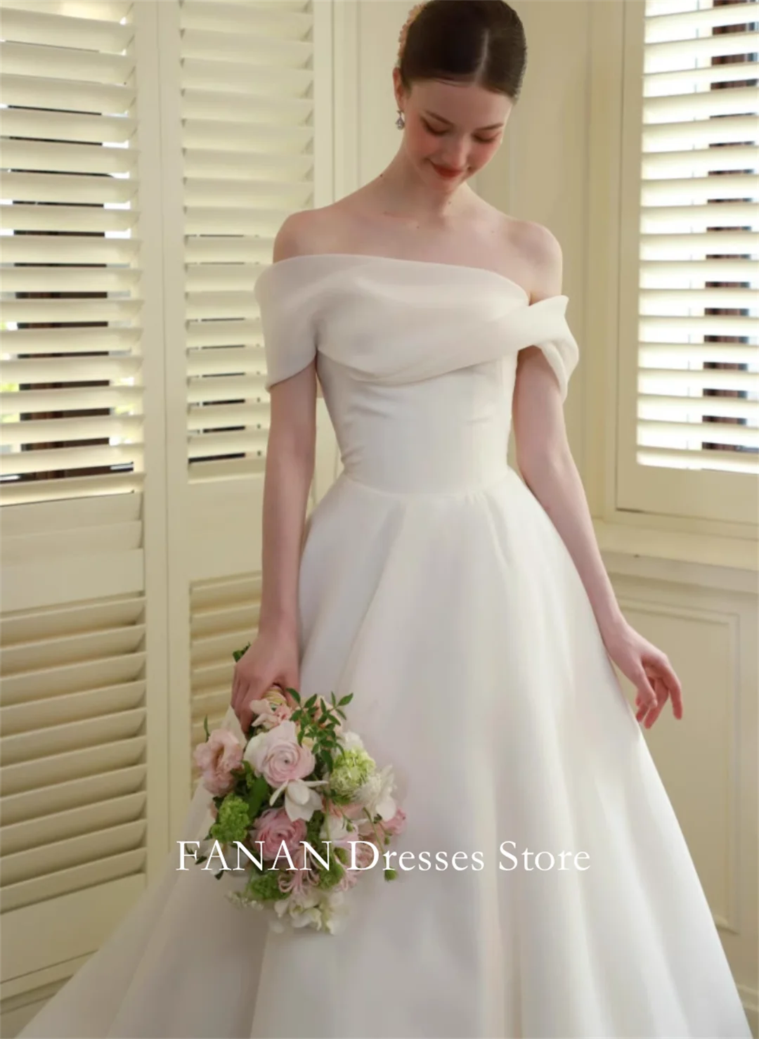 FANAN Off-Shoulder Korea Ivory A-Line Backless Wedding Dresses 웨딩드레스 Organza Sleeveless Customized Pretty  Bride Gowns Plus Size