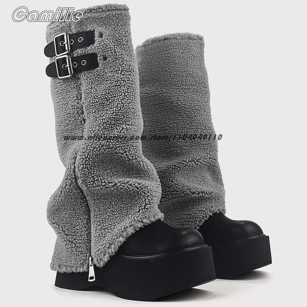 

Mixed Color Side Zipper Plush Velvet Knee High Boots Round Toe Platform Snow Boots Mixed Color 8CM Heel Punk Style Boots
