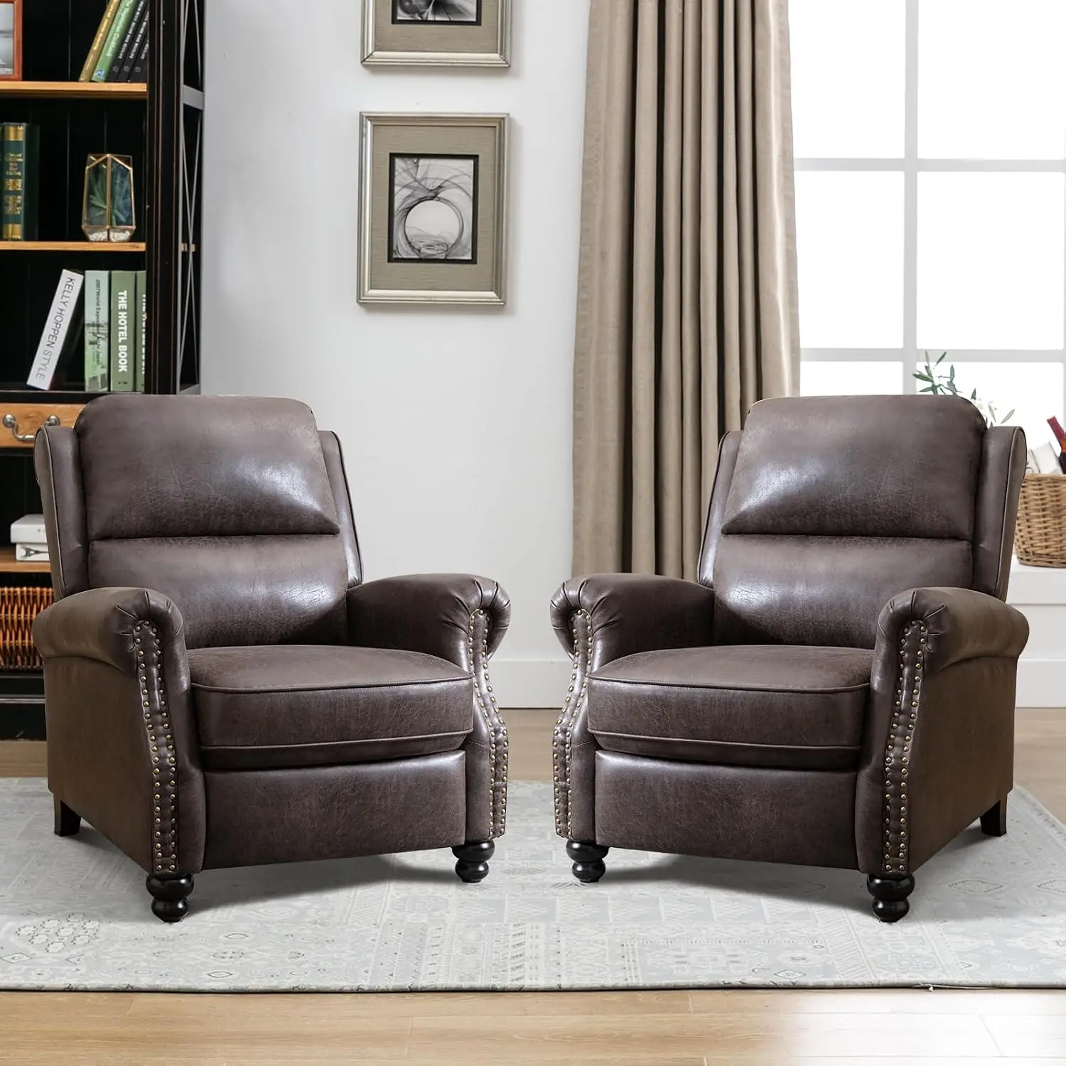 Faux Leather Pushback Recliner Chair Set of 2 with Rivet Decoration for Living Room, Dark Grey, Customized