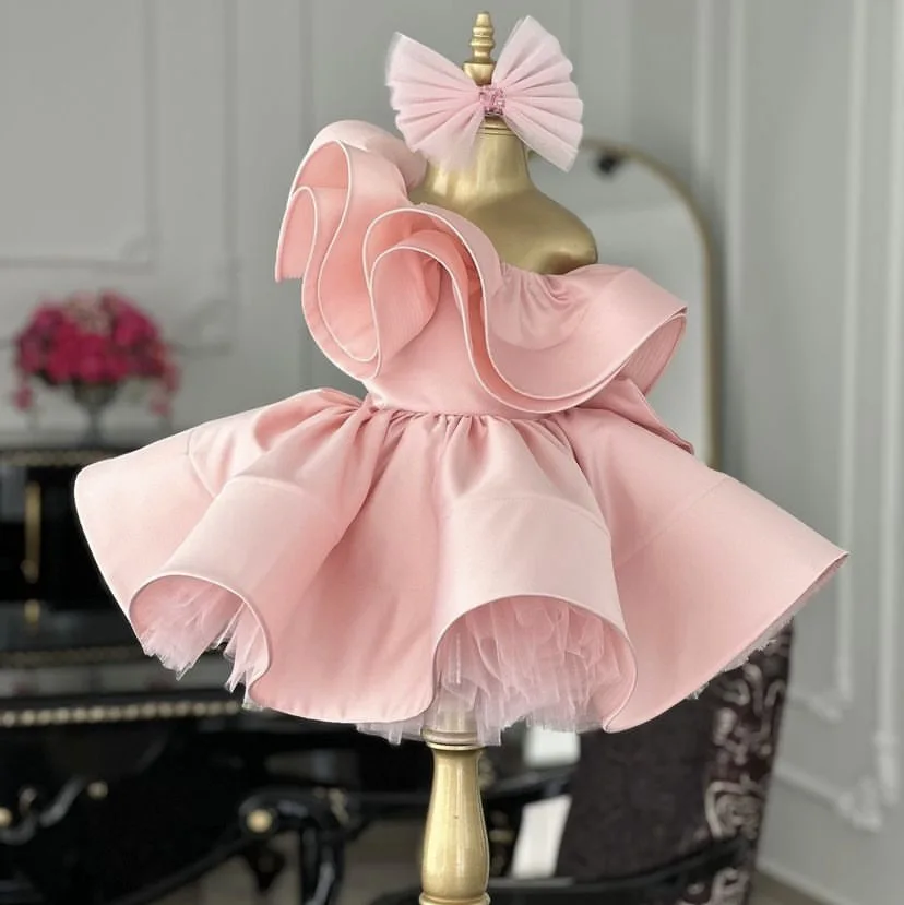 Luxury Girls Princess Single shoulder Lotus leaf sleeves Satin Children Bow tutu Kids Dresses flower girls Wedding Gown birthday