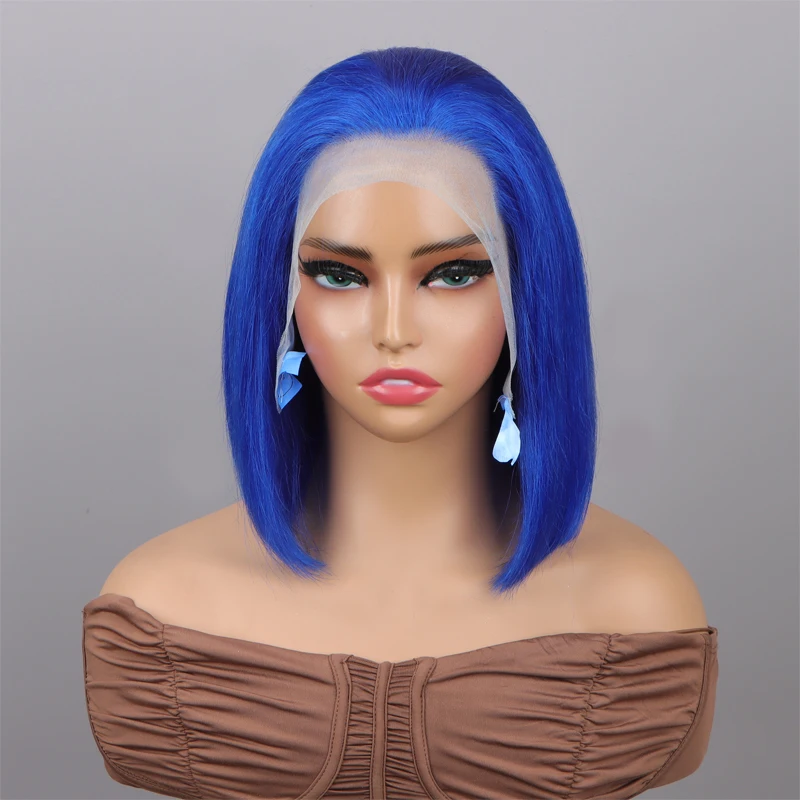 Wig rambut manusia renda depan biru 13x4 Wig Frontal renda transparan 13x4 Wig rambut manusia renda Wig rambut manusia Bob pendek Brasil