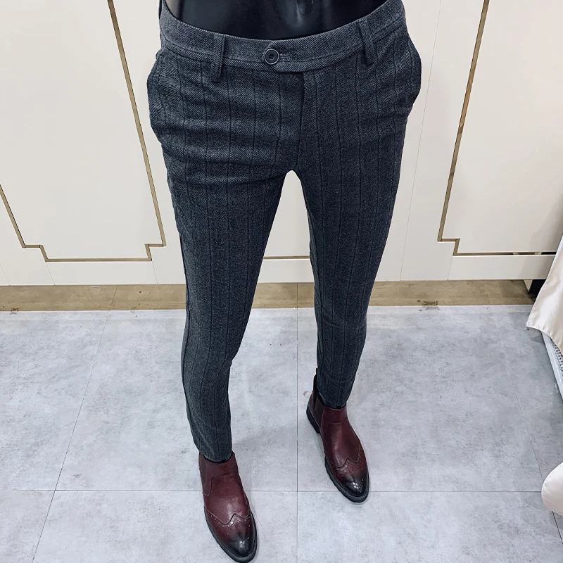 2022Autumn Winter Men Dress Pants Woolen Warm Business Formal Social Suit Pants Casual Slim Striped Fit Cigarette Trousers Men