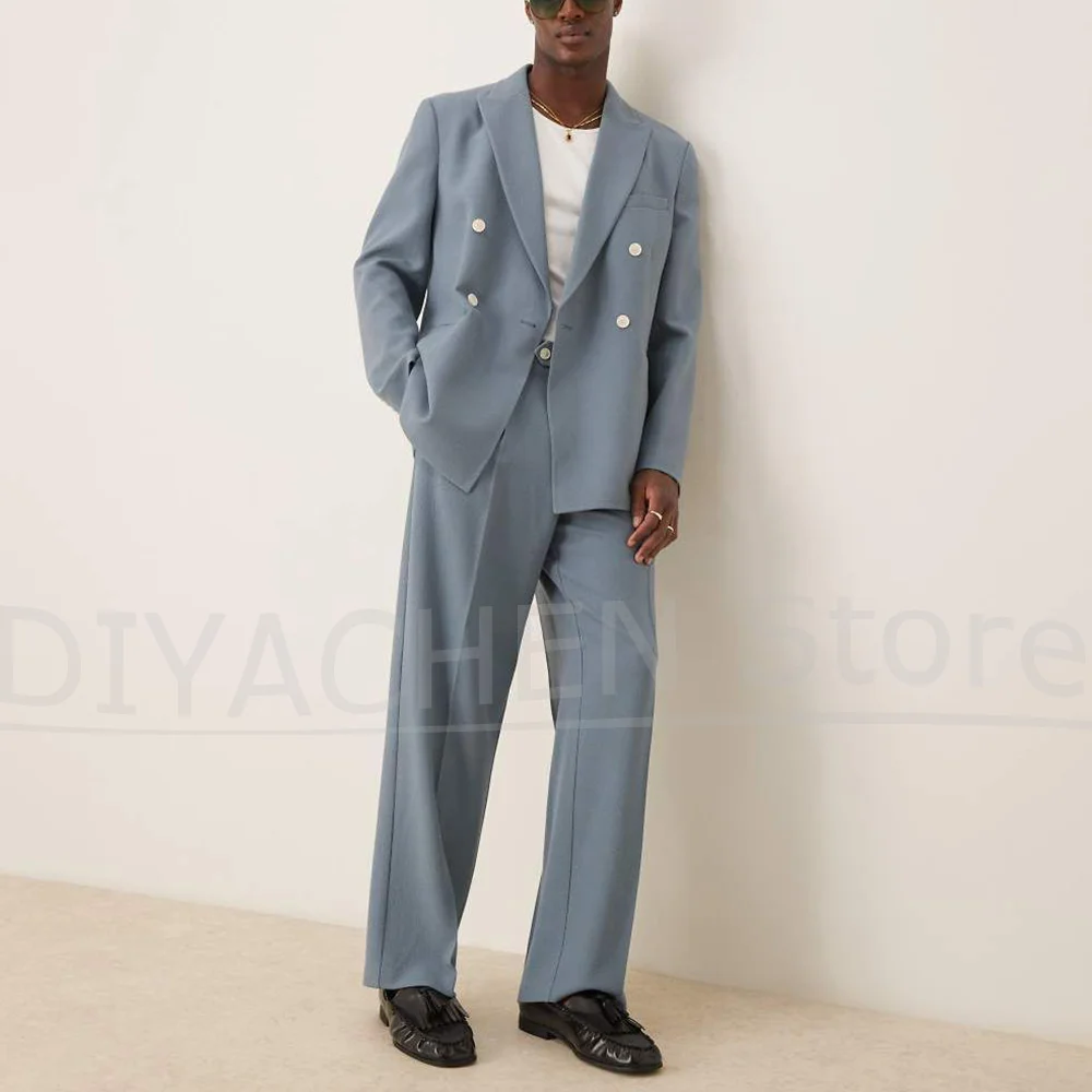 

Fashion Peak Lapel Men Suits Double Breasted Solid Color Clothing 2 Pieces Chic Loose Formal Wedding Party Prom Male Suit