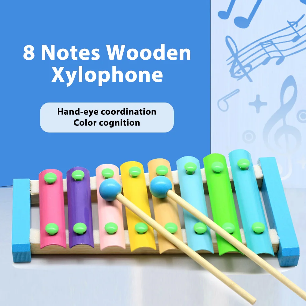 8 Notes Wooden Xylophone with 2 Wooden Mallets Colorful Keys Small Xylophone Percussion Instrument Perfect for Music Tools