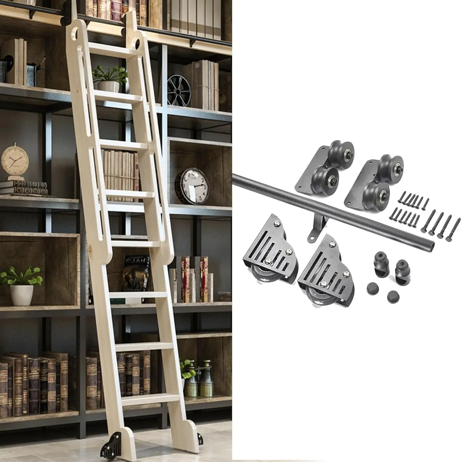 Sliding Library Ladder Hardware Kit 3.3Ft-24Ft, Round Tube Mobile Ladder Track With Floor Roller Wheels, For Bookshelf/Wine