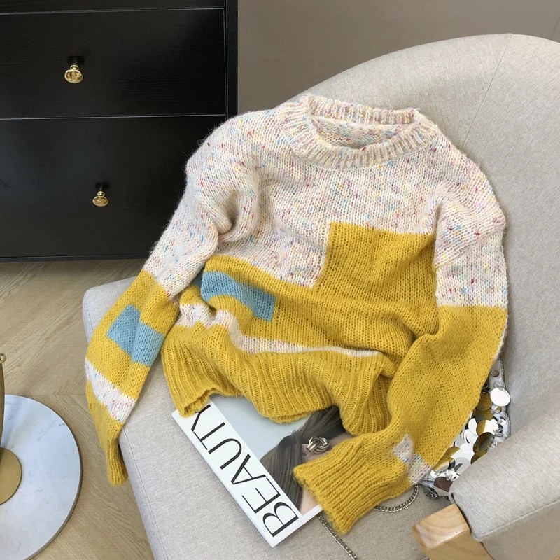 

Color Blocked Pullover Sweater for Women Thin Round Neck Gentle Wind Soft Knitted Autumn Winter New Top Loose Sweater Trendy