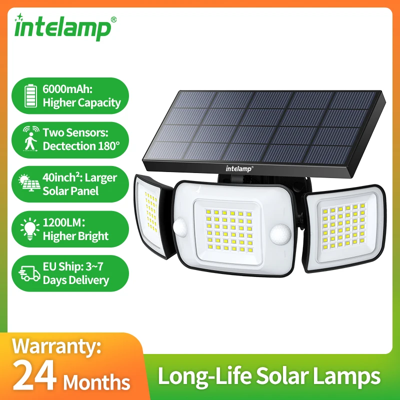 

Intelamp Long Life Outdoor Solar Light 6000mAh 1200LM With Two Motion Sensors Solar Wall Lamp For Garden Yard Path Garage