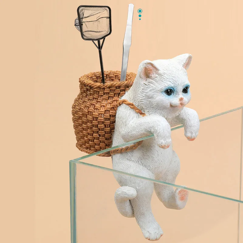 Cute Cat Figurines Fish Tank Hanging Cat with Storage Basket Tools Storage Aquarium Ornaments Decorations Fish Tank Accessories