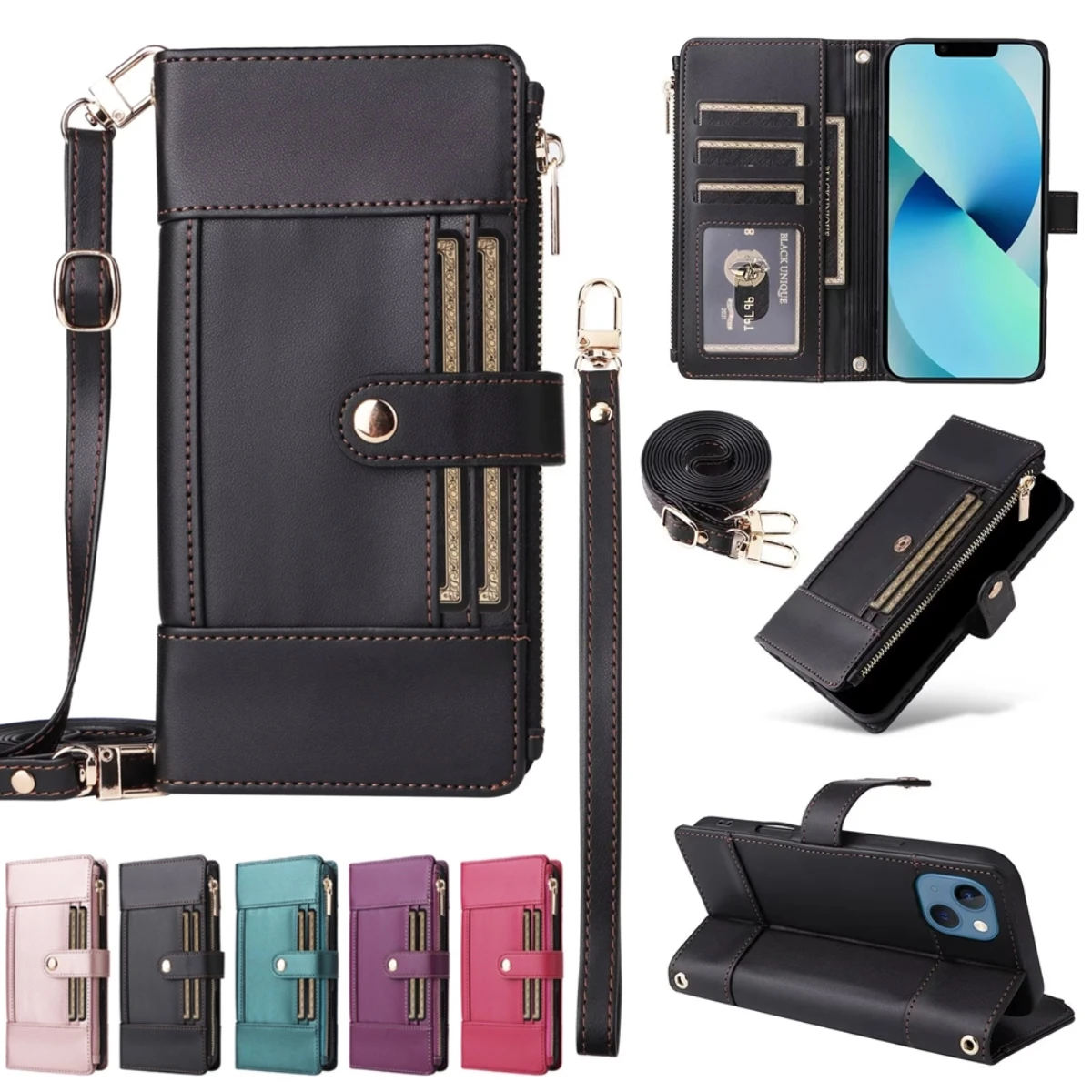 

Кожаный чехол-книжка с застежкой-молнией через плечо для iPhone Air 17 16 16E 15 14 13 12 11 Pro Max Plus RFID-карта Solt Bag Wallet Cover