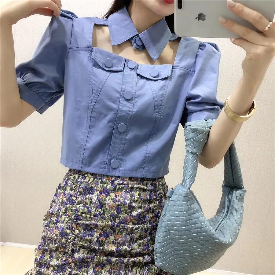 

Shirts Women Hollow Out Summer Cute Sexy Y2k Clothes Crop Tops Slim All-match Ulzzang Retro Style Blusas Ropa Mujer Casual Chic