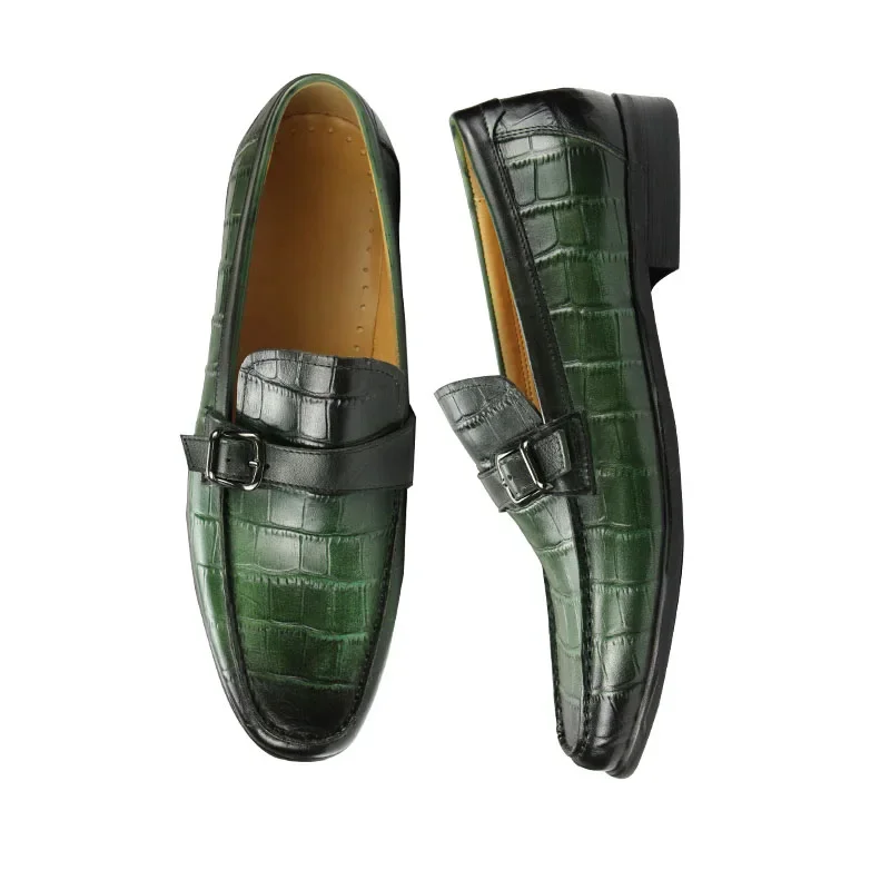 Luxury Man Loafers High Quality Green Shoes Items for Men Fashion Slip-On Handmade Sewing Metal Buckle Casual Shoe  Breathable